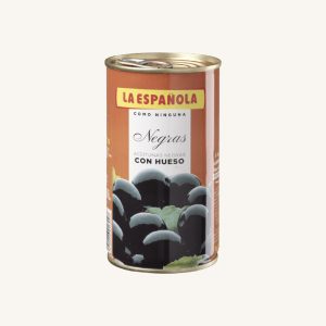 La Española Unpitted black olives (aceitunas negras con hueso), can 185 gr drained (350 gr net weight)